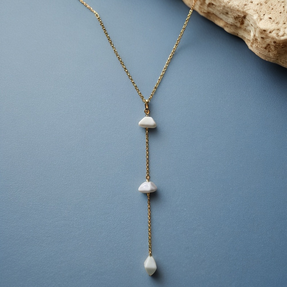 Gold Lariat Necklace with White Stone Drops